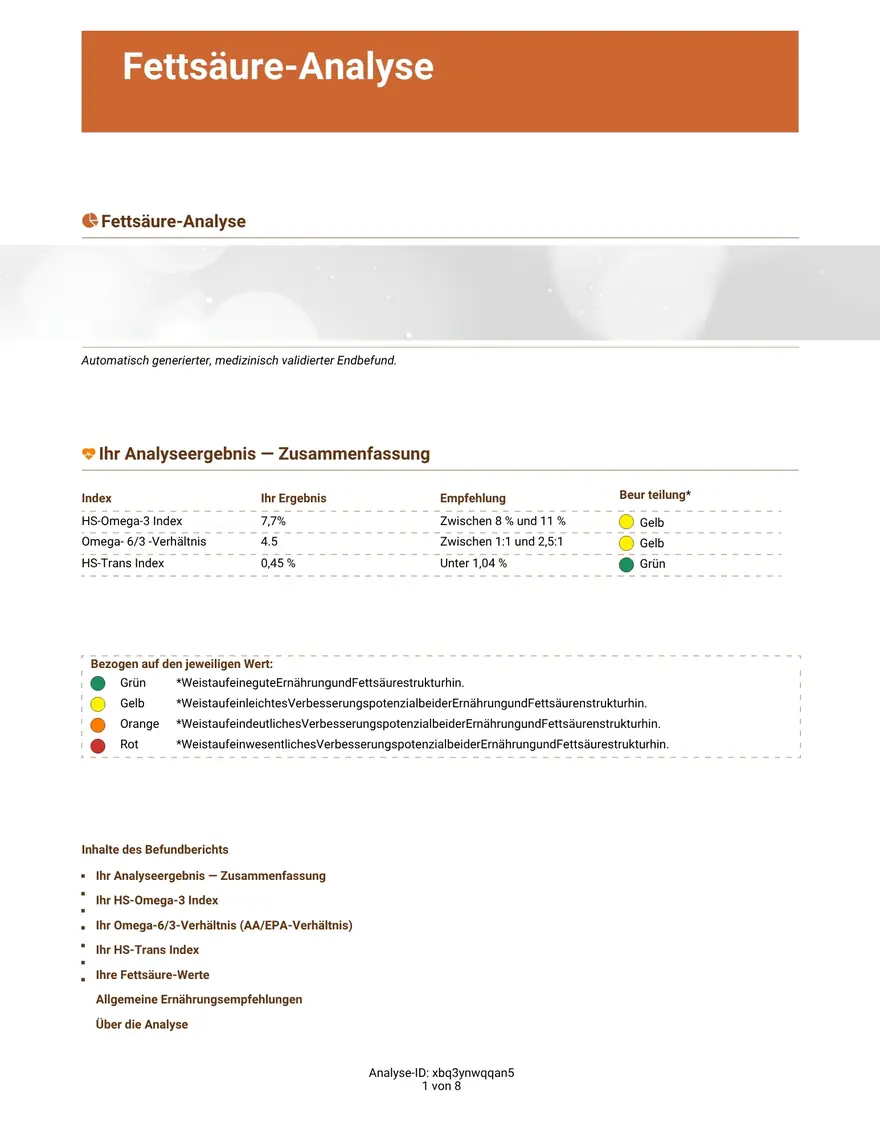 Erste Seite der Fettsäure-Analyse mit drei Indexwerten