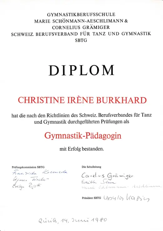 Diplom als dipl. Bewegungspädagogin von Christin Grämiger, 1980
