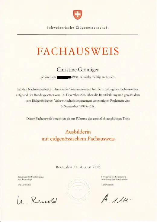 Eidgenössischer Fachausweis als Ausbilderin von Christin Grämiger, 2008