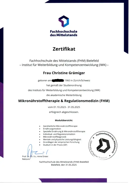 Zertifikat Mikronährstofftherapie FHM von Christin Grämiger, 2025